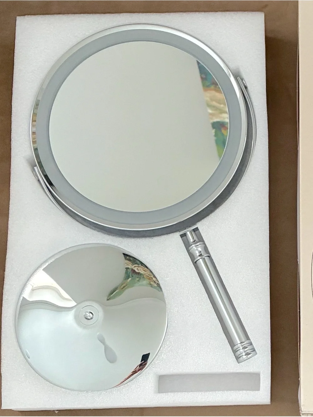 Cordless Rechargeable Silver LED Lighted Vanity 8 inch Makeup Mirror with stand.